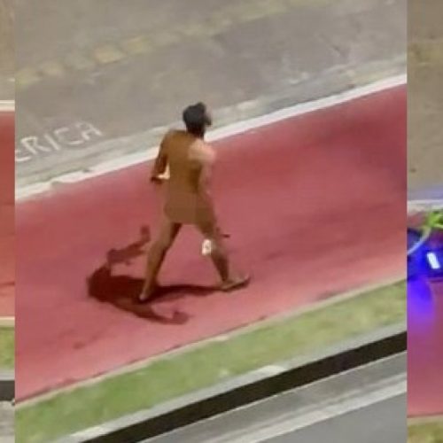 Com faca e galinha nas mãos, homem nu chama a atenção de populares na Barra