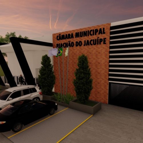 Imagem em 3D da frente do novo prédio da Câmara de Vereadores 