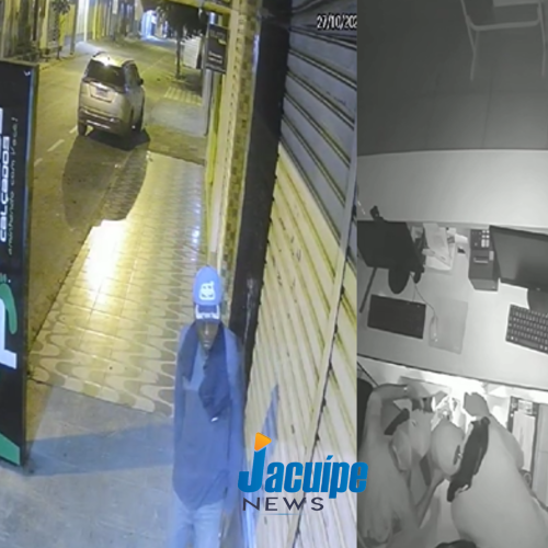 Câmeras de segurança flagram arrombamento em loja no centro de Riachão do Jacuípe