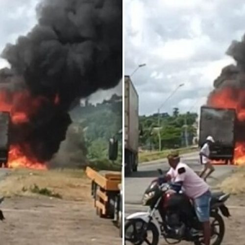Caminhão que transportava produtos do Mercado Livre pega fogo na BR-116