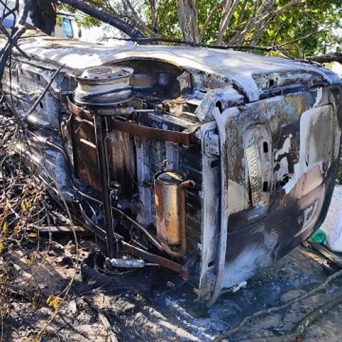 Duas pessoas ficam feridas e veículo pega fogo após colidir contra árvore na BR-324